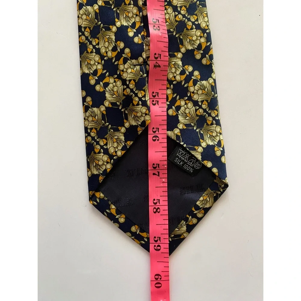 Laurant Benon Paris Mens Silk Tie Navy Blue Gold Floral Art Nouveau Pattern